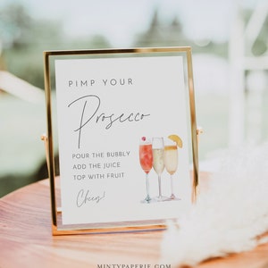Pimp Your Prosecco Sign & Tag, Mimosa Sign, Minimalist Wedding, Bridal Shower, Editable Template, Instant Download, Templett #0026-56S