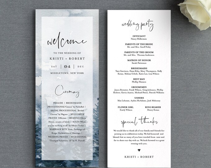 Winter Wedding Program Template, Printable Order of Service, Rustic Pine, Instant Download, 100% Editable Text, DIY, Templett #070-231WP
