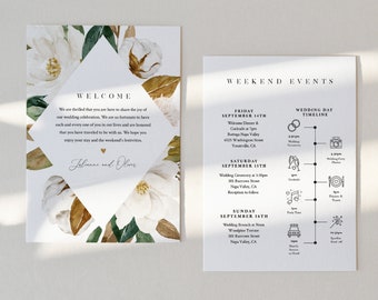 Magnolia Wedding Welcome Letter & Itinerary Template, Order of Events Timeline, Welcome Bag, INSTANT DOWNLOAD, 100% Editable Text #015-150WB