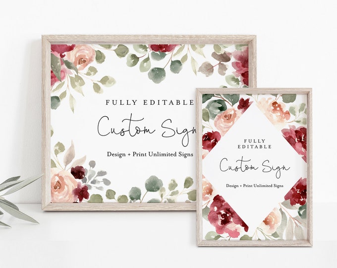 Boho Custom Sign Template, Watercolor Floral Wedding / Bridal Shower Table Sign, Unlimited Signs, INSTANT DOWNLOAD, Templett #065-135CS