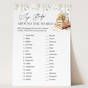 May include: A printable baby shower game with a floral border and a stack of books. The game asks players to match the language with the correct translation of "baby" in 15 different languages.