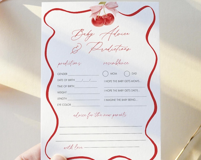 Cherry Baby Predictions & Advice Card, Printable Coquette Bow Cherry Baby Shower, Editable, Instant Download, Templett #0056-02BAG