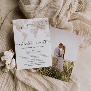 Modèle d’invitation de douche nuptiale de voyage, aventure, invitation de douche de couples de carte du monde, douche de mariage, texte modifiable, #0039-350BS instantané