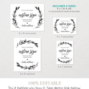 Wedding Sign Template, Printable Custom Sign, Fully Editable, Create Unlimited Signs, Rustic Laurels, Instant Download 5x7 & 8x10 023-101CS image 2