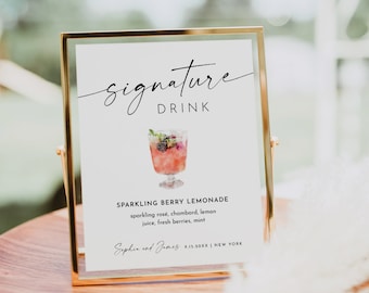 Signature Drink Sign, Minimalist Bar Sign, Over 200 Cocktails, Wine, Beer, Alcohol, Editable, Templett, 8x10, 18x24 #0034W-09S