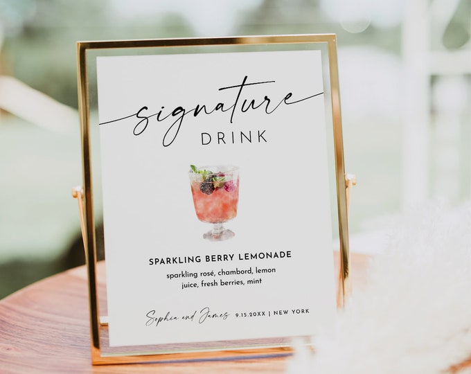 Signature Drink Sign, Minimalist Bar Sign, Over 200 Cocktails, Wine, Beer, Alcohol, Editable, Templett, 8x10, 18x24 #0034W-09S