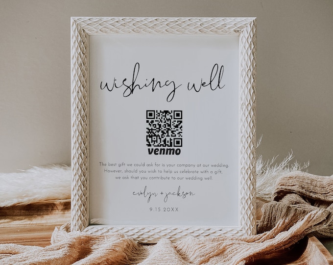 Wishing Well Sign, Honeymoon Fund Card, QR Wedding Fund Insert, Venmo Wedding Cash Gift, Editable Template, Instant, Templett #0031-52S