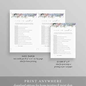 May include: Two white wedding game cards with a floral design border. The text "over or under" is at the top, with a list of questions below. One card is 5" x 7", the other is 8.5" x 11".
