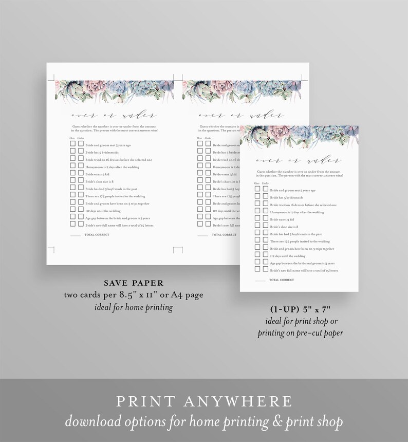 May include: Two white wedding game cards with a floral design border. The text "over or under" is at the top, with a list of questions below. One card is 5" x 7", the other is 8.5" x 11".