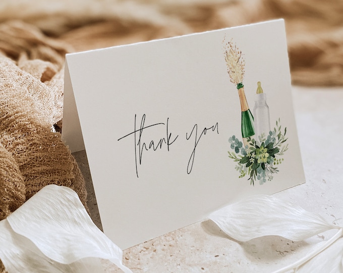 Baby Shower Thank You Card, Poppin Bottles, Bubbly Baby Thank You Note, Editable Template, Flat & Tent Card, Templett, 3.5x5 #0026C-203TYC