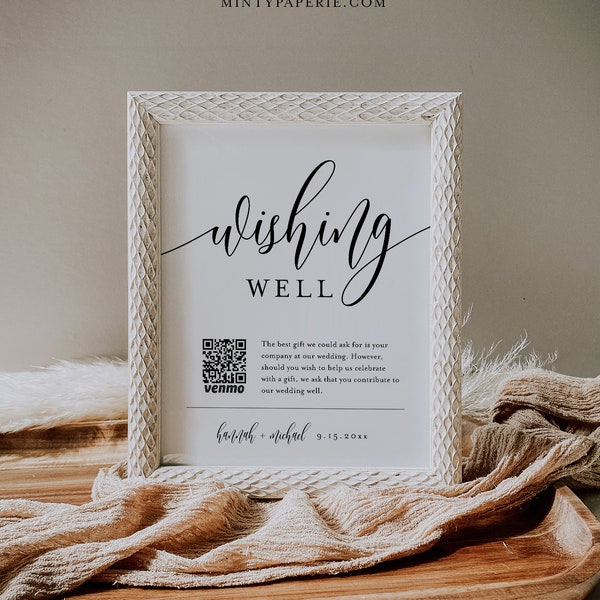 Wishing Well Sign, Honeymoon Fund Card, QR Wedding Fund Insert, Venmo Wedding Cash Gift, Editable Template, Instant, Templett #008-49S