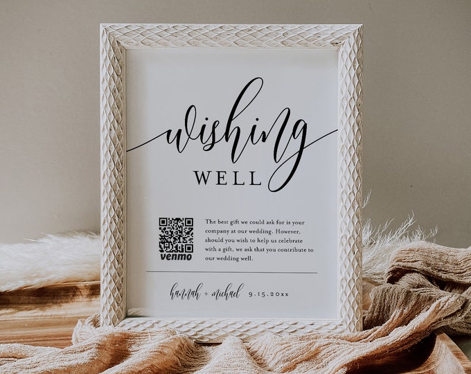 Wishing Well Sign, Honeymoon Fund Card, QR Wedding Fund Insert, Venmo Wedding Cash Gift, Editable Template, Instant, Templett #008-49S