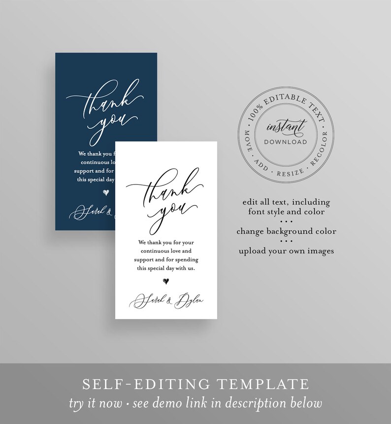 May include: Editable wedding thank you card template with a navy blue background and white text. The text says "Thank you" in a script font and includes the message "We thank you for your continuous love and support and for spending this special day with us." The card also includes the names "Hatch & Dylan" in a script font. The template is 100% editable and includes the text "instant download" and instructions for editing the text, font, color, and background.