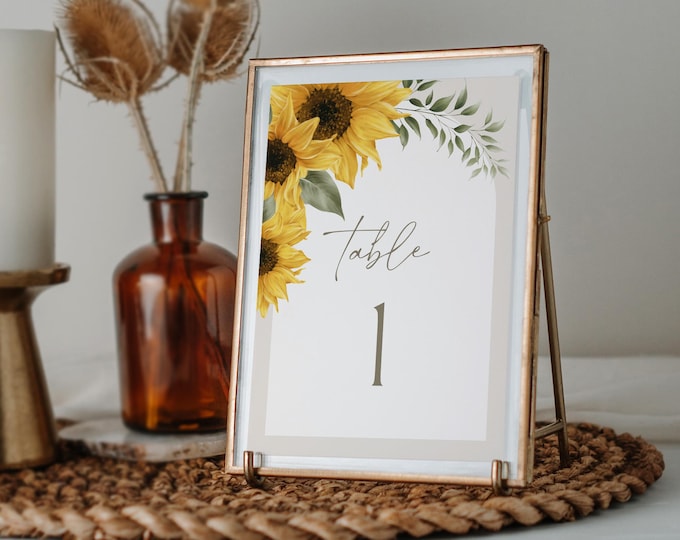 Sunflower Table Number Card Template, Summer Wedding Table Number, Bridal, Editable, Instant Download, Templett, DIY 4x6, 5x7 #047-228TC