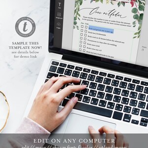 May include: A laptop computer screen displaying a printable wedding game template with the title "Over or Under". The game asks guests to guess whether the number is over or under the amount in the question. The template has a watercolor background with floral designs in shades of pink, green, and red.