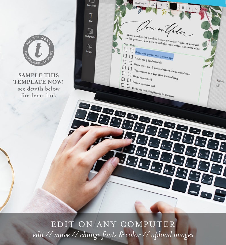 May include: A laptop computer screen displaying a printable wedding game template with the title "Over or Under". The game asks guests to guess whether the number is over or under the amount in the question. The template has a watercolor background with floral designs in shades of pink, green, and red.