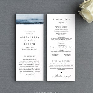 May include: A wedding program featuring a blue watercolour design. The program includes the names Alexandria and Joseph, the wedding date, and the ceremony schedule. The wedding party members are also listed.