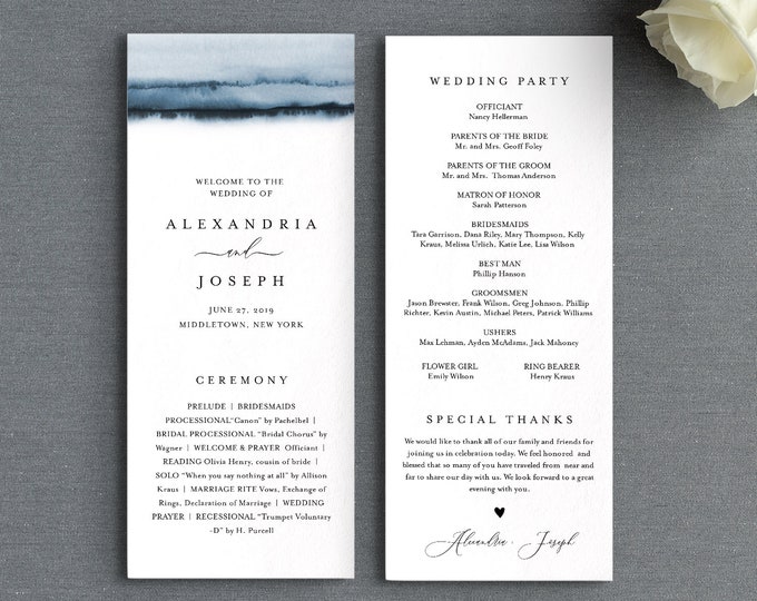 Watercolor Wedding Program Template, Printable Order of Service, Elegant, Modern, Instant Download, Editable Text, DIY, Templett #093A-232WP