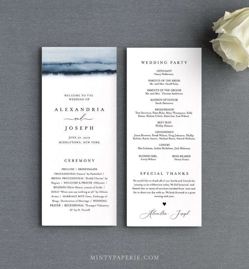 May include: A wedding program featuring a blue watercolour design. The program includes the names Alexandria and Joseph, the wedding date, and the ceremony schedule. The wedding party members are also listed.