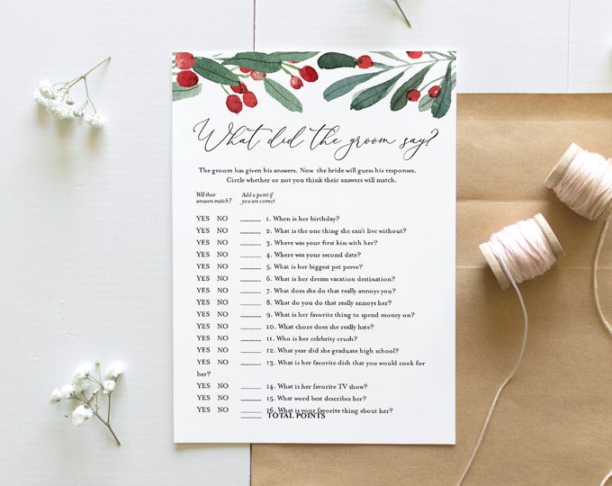 What Did the Groom Say, Bridal Shower Game, Printable Winter Holly Bridal Game, Editable Template, Instant Download, Templett #071-192BG