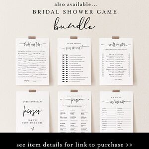 K&ouml;nnte beinhalten: Ein Satz druckbarer Brautduschen-Spielkarten. Die Karten bieten eine Vielzahl von Spielen, darunter "Bridal and Libs", "He Said, She Said", "Would She Rather", "Guess How Many Kisses", "What's in Your Purse" und "Bridal Word Scramble".