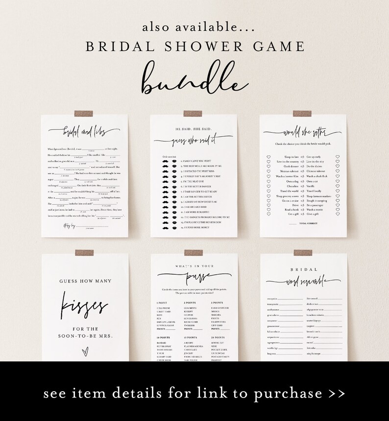 K&ouml;nnte beinhalten: Ein Satz druckbarer Brautduschen-Spielkarten. Die Karten bieten eine Vielzahl von Spielen, darunter "Bridal and Libs", "He Said, She Said", "Would She Rather", "Guess How Many Kisses", "What's in Your Purse" und "Bridal Word Scramble".