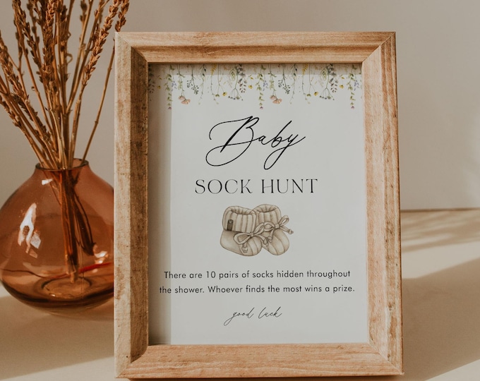Wildflower Baby Sock Hunt Game, Baby Shower Game, Sock Hunt Sign, Editable Template, Printable, Instant Download, Templett #0066-05BAG