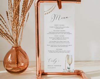 Pearls and Prosecco Menu, Printable Bridal Shower Dinner Menu Card, Brunch Bubbly, Editable Template, Instant Download, Templett #0065-156WM