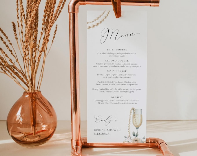 Pearls and Prosecco Menu, Printable Bridal Shower Dinner Menu Card, Brunch Bubbly, Editable Template, Instant Download, Templett #0065-156WM