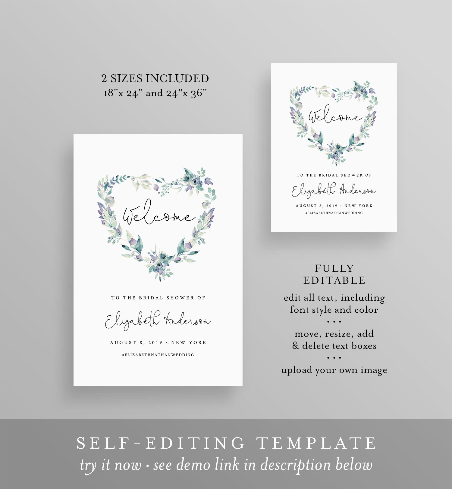 Heart Welcome Sign Template, Wedding, Bridal Shower, Baby Shower Poster ...