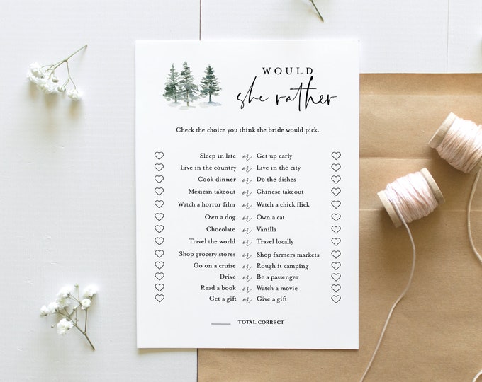 Would She Rather Bridal Shower Game Template, Winter Pine Bridal Shower Printable, Editable Template, Instant Download, Templett #073-253BG