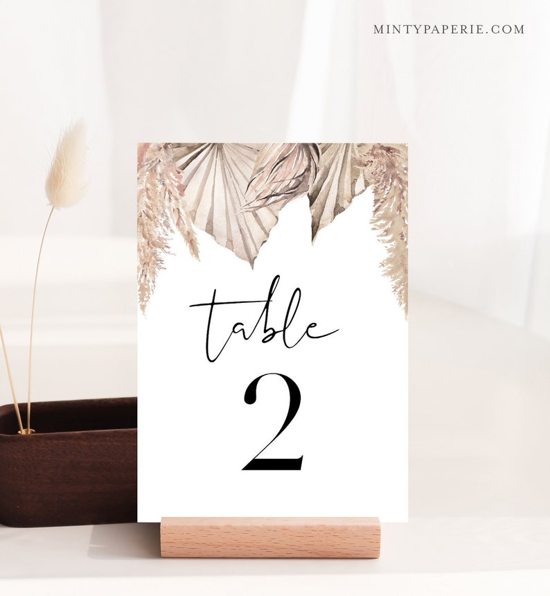 Bohemian Table Number Card Template, Boho Pampas Palm Wedding Table Number, Dried Foliage, Editable, Instant, Templett, DIY 4x6 0022-209TC image 2
