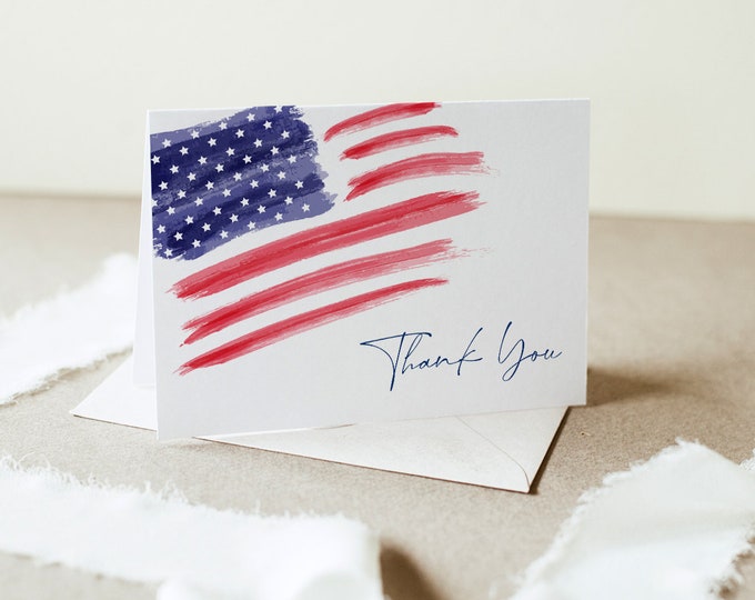 American Flag Thank You Folded and Flat Card Printable, Patriotic, Law Enforcement, Military, Editable Template, Templett #0037-214TYC