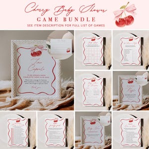 May include: A set of printable baby shower games featuring a cherry theme. The games include "Baby Bingo", "Who Knows Mummy Best", "Diaper Raffle", "Baby Advice & Predictions", "Guess the Baby Food", "One in a Melon", and "Baby Party Pictionary".