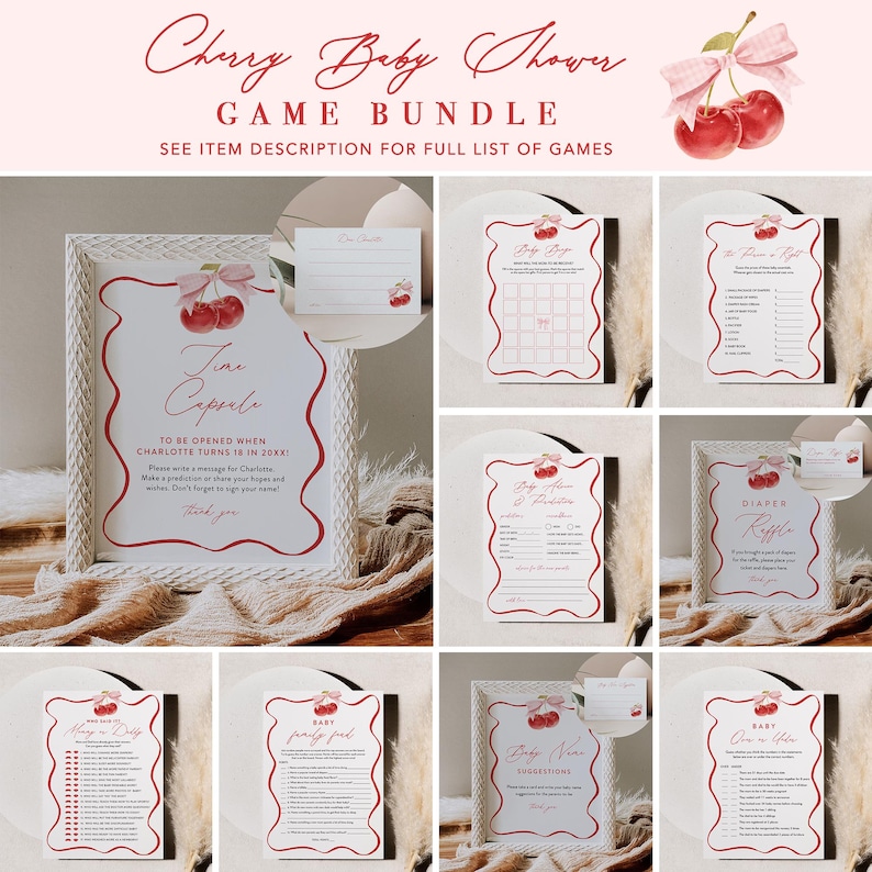 May include: A set of printable baby shower games featuring a cherry theme. The games include "Baby Bingo", "Who Knows Mummy Best", "Diaper Raffle", "Baby Advice & Predictions", "Guess the Baby Food", "One in a Melon", and "Baby Party Pictionary".
