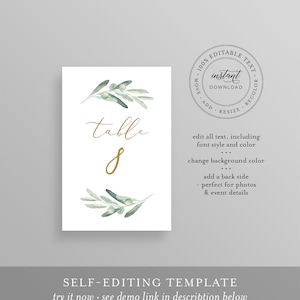 Table Number Card Template, Printable Olive Greenery Wedding Table ...