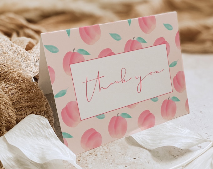 Peach Thank You Card, Summer Birthday, Baby Shower Thank You Note, Editable Template, Flat & Tent Cards, Templett, 3.5x5 #0042-220TYC