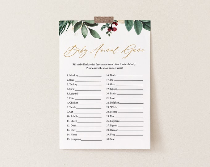 Baby Animal Game, Printable Christmas Baby Shower Game, Winter Greenery, Editable Template, Instant Download, Templett  #0018-253BASG