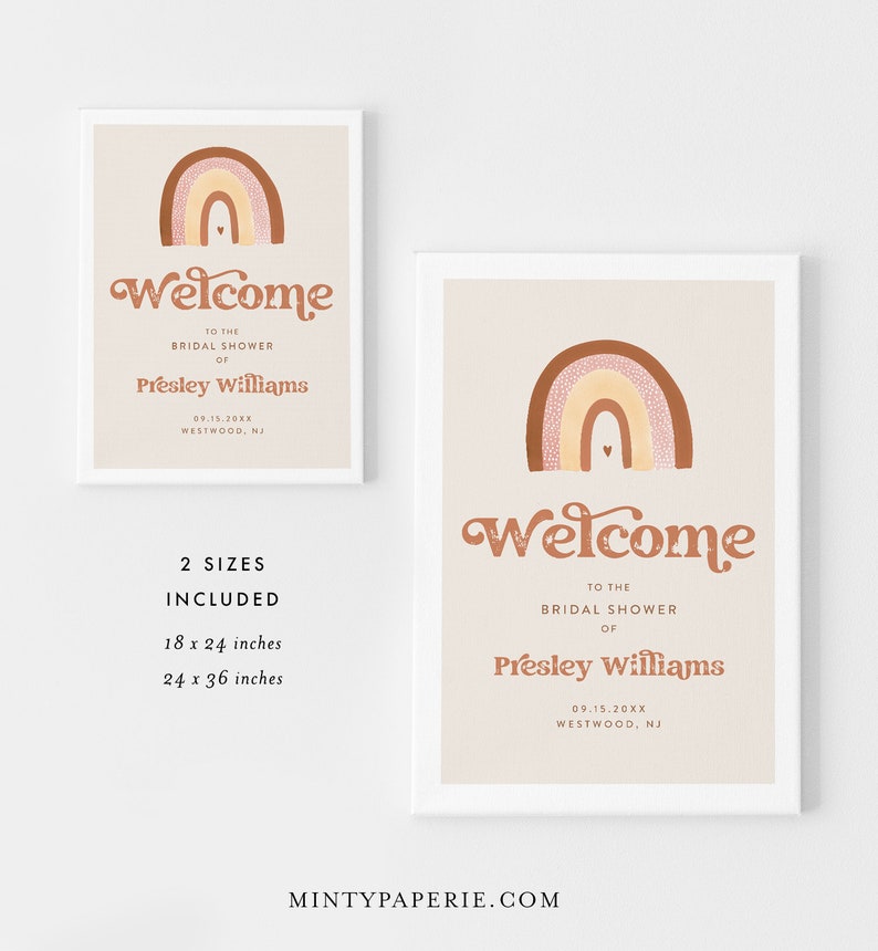 Boho Rainbow Welcome Sign, Printable Retro 70s Baby or Bridal Shower Sign, Instant Download, Editable Template, Templett 025A-237LS image 5