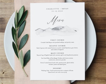 Mountain Wedding Menu Template, INSTANT DOWNLOAD, 100% Editable Text, Printable Dinner Menu Card, Rustic Wedding, Templett, DIY #004-144WM