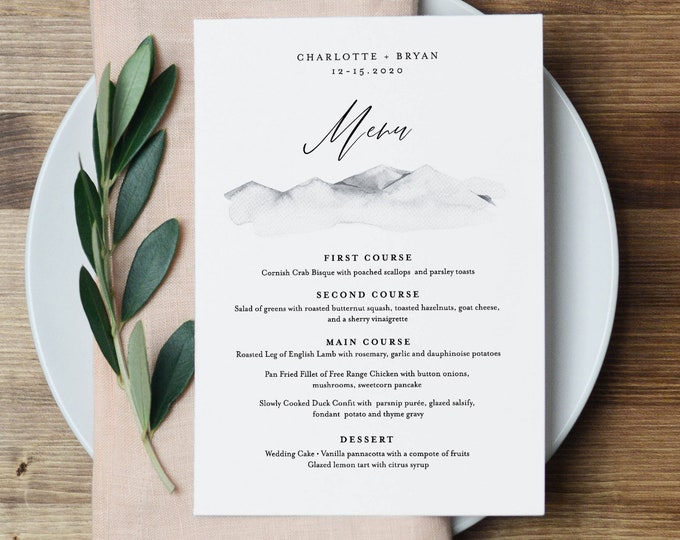 Mountain Wedding Menu Template, INSTANT DOWNLOAD, 100% Editable Text, Printable Dinner Menu Card, Rustic Wedding, Templett, DIY #004-144WM