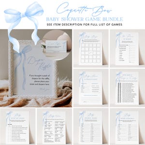 Blue Bow Baby Shower Game Bundle, 31 Games, Coquette Ribbon Boy Baby Shower, Editable Template, Instant Download, Templett #0057-BBGB