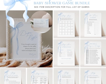 Blue Bow Baby Shower Game Bundle, 31 Games, Coquette Ribbon Boy Baby Shower, Editable Template, Instant Download, Templett #0057-BBGB