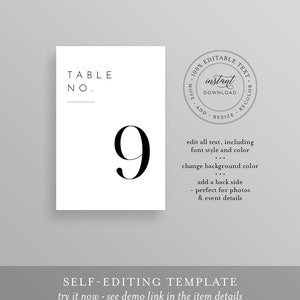 May include: Editable table number card template with the number 9 in black text on a white background. The text "TABLE NO." is above the number. The card has a round, black and white stamp that says "100% EDITABLE TEXT instant DOWNLOAD MOVE ADD RESIZE RECOLOR". The text below the stamp says "edit all text, including font style and color... change background color... add a back side - perfect for photos & event details". The text at the bottom of the card says "SELF-EDITING TEMPLATE try it now see demo link in the item details".