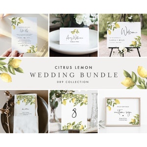 Zitronen-Hochzeits-Paket, Hochzeitseinladungs-Paket + Tag der Vorlagen, 100% bearbeitbarer Text, Sofort Download, Templett #089-BUNDLE