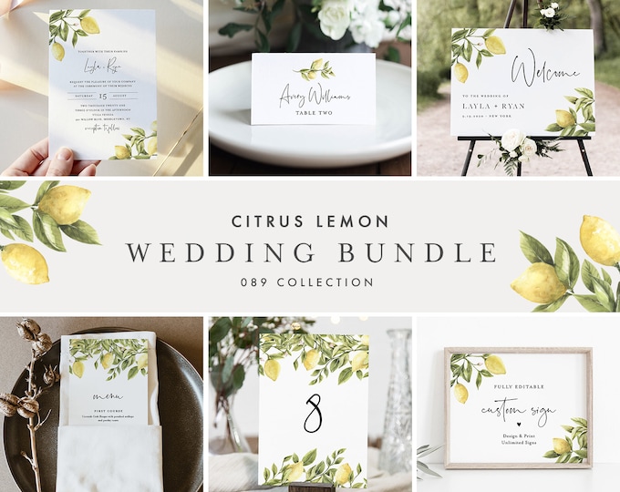 Lemon Wedding Bundle, Citrus Wedding Invitation Suite + Day Of Templates, 100% Editable Text, Instant Download, Templett #089-BUNDLE