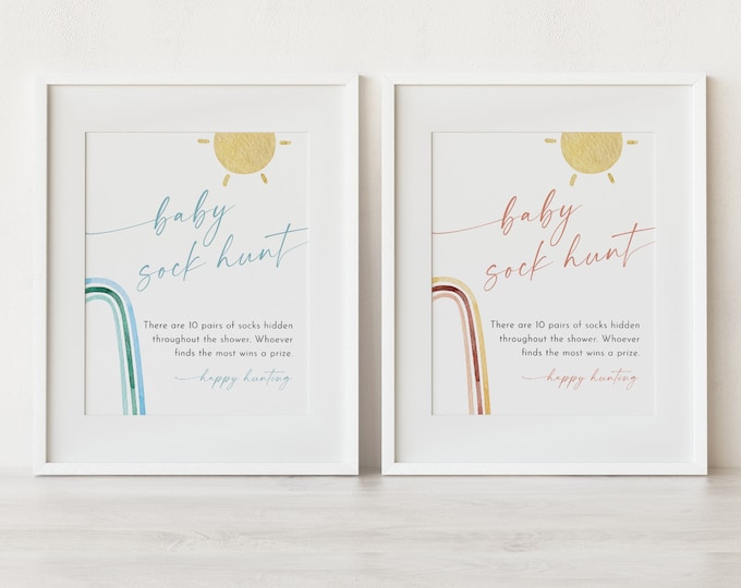 Baby Sock Hunt Game, Boho Rainbow Baby Shower Game, Sock Hunt Sign, Editable Template, Printable, Instant Download, Templett #0055-05BAG