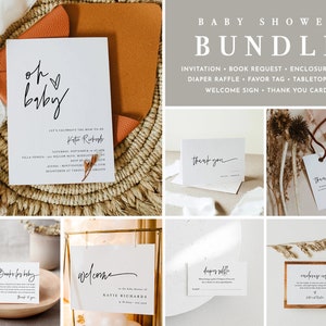 Bundle minimaliste de baby shower, invitation, demande de livre, étiquette de faveur, carte de remerciement, texte 100 % modifiable, téléchargement instantané, Templett #0009-BNDL