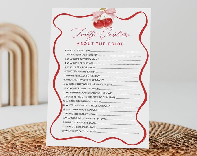 20 Questions About the Bride, Cherry Bridal Shower Game, How Well Do You Know the Bride, Editable Template, Instant, Templett #0056-33BRG