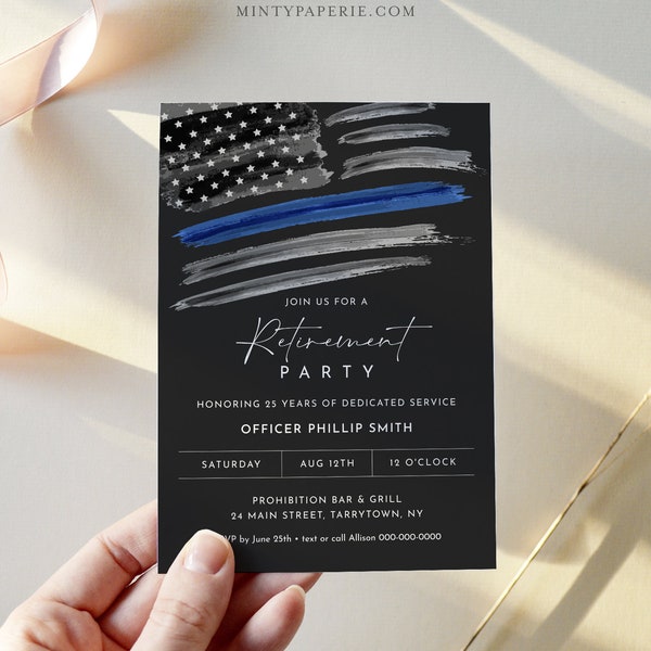 Retirement Party Invitation, Printable Police, Law Enforcement Retire Invite, American Flag, Evite, Editable Template, Templett #0037-103RT